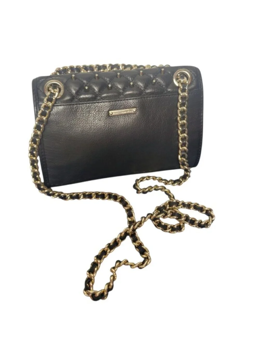 Rebecca Minkoff Quilted Black Leather Crossbody Bag With Gold Chain Strap & Blue